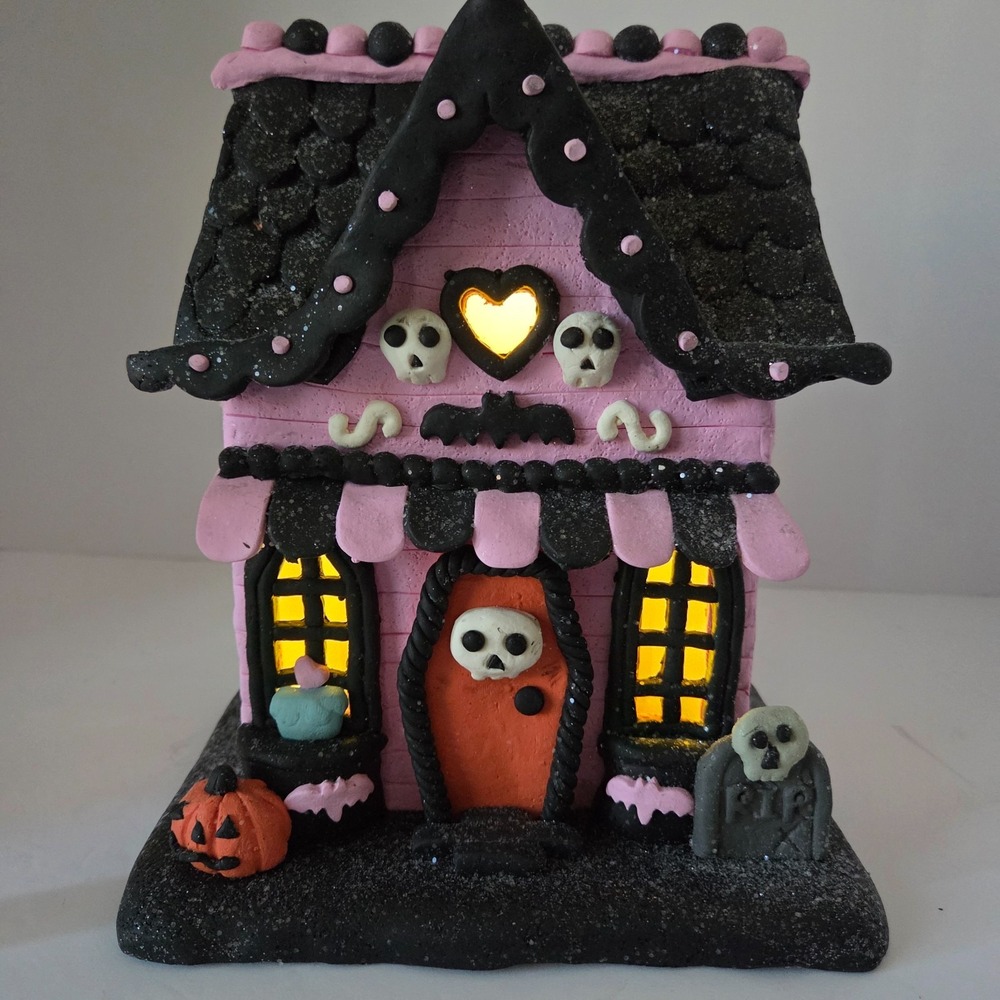 Glamorous Ghouls Pink Haunted House LED Light Up Halloween Decor 9.5 Inch